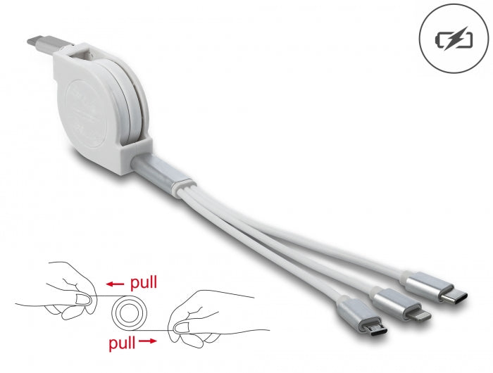 Delock USB Type-C™ 3 in 1 Aufrollladekabel für Lightning™ / Micro USB / USB Type-C™ weiß