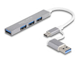 Delock 4 Port Slim USB Hub mit USB Type-C™ oder USB Typ-A zu 3 x USB 2.0 Typ-A Buchse + 1 x USB 5 Gbps Typ-A Buchse