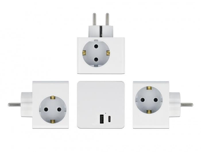 Delock Steckdosenwürfel 3-fach mit Kindersicherung und USB PD 3.0 Ladegerät 20 W weiß