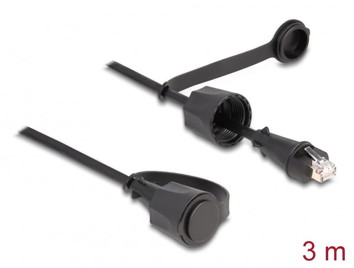 Delock Netzwerkkabel RJ45 Stecker zu RJ45 Stecker Cat.6 STP mit Verschlusskappe Outdoor IP68 staub- und wasserdicht schwarz 3 m