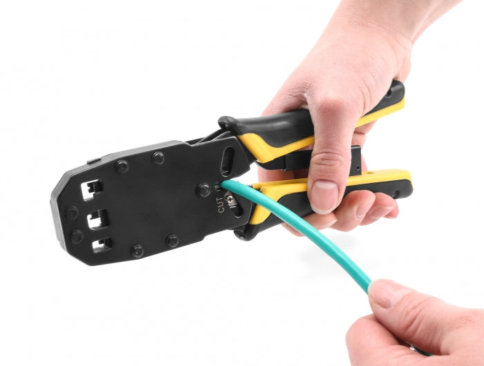 Delock Universelle Crimpzange mit Abisolierer für 10P (RJ50), 8P (RJ45), 6P (RJ12/11), 6P DEC oder 4P Modular Stecker