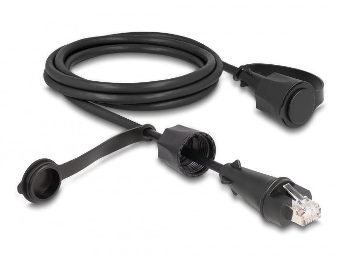 Delock Netzwerkkabel RJ45 Stecker zu RJ45 Stecker Cat.6 STP mit Verschlusskappe Outdoor IP68 staub- und wasserdicht schwarz 2 m