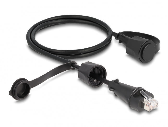 Delock Netzwerkkabel RJ45 Stecker zu RJ45 Stecker Cat.6 STP mit Verschlusskappe Outdoor IP68 staub- und wasserdicht schwarz 1 m