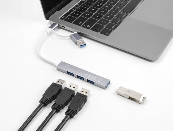 Delock 4 Port Slim USB Hub mit USB Type-C™ oder USB Typ-A zu 3 x USB 2.0 Typ-A Buchse + 1 x USB 5 Gbps Typ-A Buchse