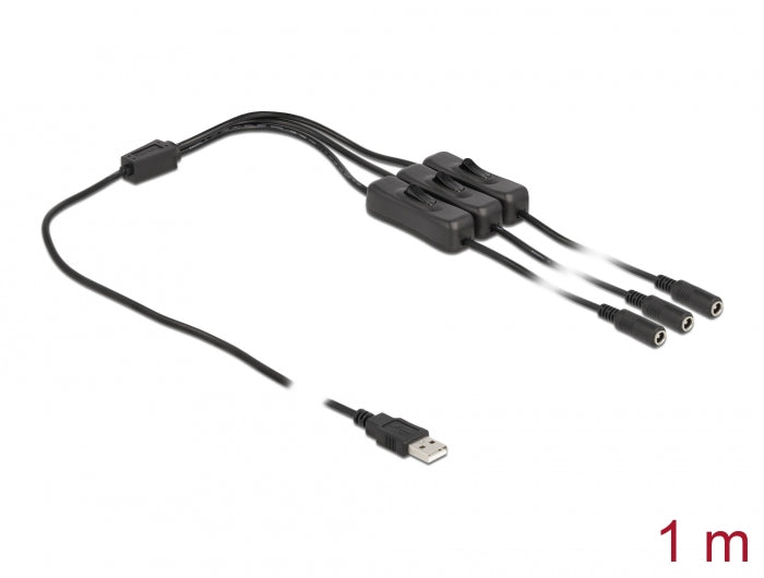 Delock Kabel USB Typ-A Stecker zu 3 x DC 5,5 x 2,1 mm Buchse mit Schalter 1 m