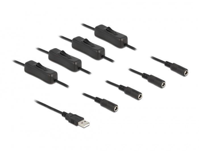 Delock Kabel USB Typ-A Stecker zu 4 x DC 5,5 x 2,1 mm Buchse mit Schalter 1 m