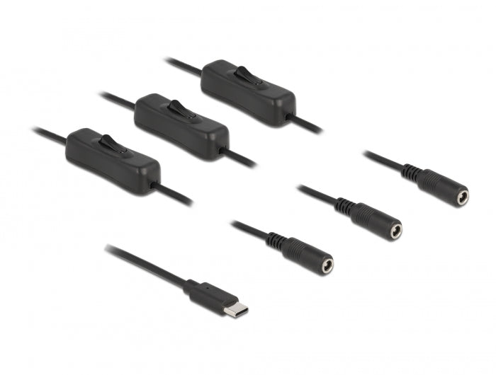 Delock Kabel USB Type-C™ Stecker zu 3 x DC 5,5 x 2,1 mm Buchse mit Schalter 1 m
