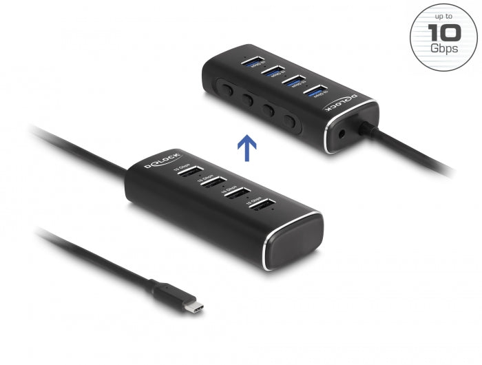 Delock 4 Port USB 10 Gbps Hub mit USB Type-C™ Anschluss 60 cm Kabel und Schalter für jeden Port