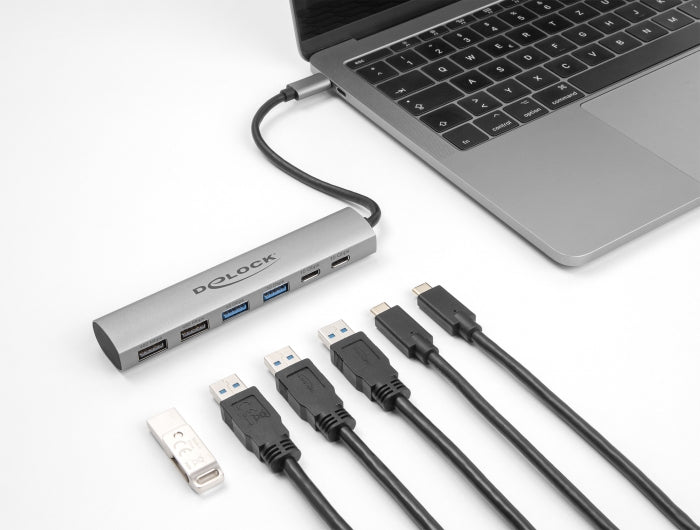 Delock 6 Port USB Hub mit 4 x USB Typ-A Buchse und 2 x USB Type-C™ Buchse