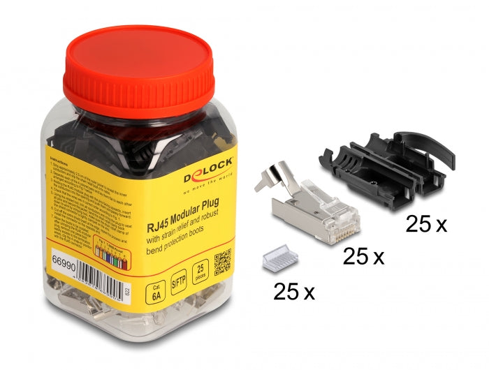 Delock RJ45 Modularer Stecker mit Zugentlastung Cat.6A und robuster Knickschutztülle 25er Set