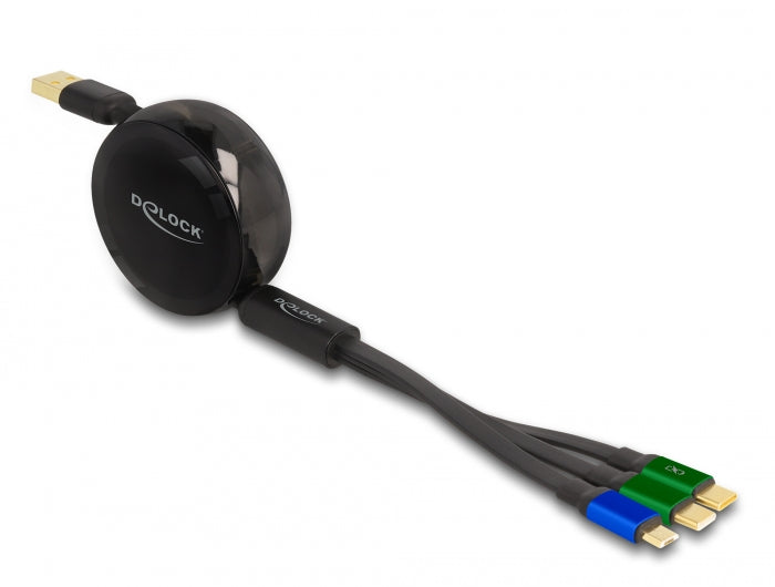 Delock USB Aufrollladekabel 3 in 1 Typ-A zu Micro USB / 2 x USB Type-C™ mit Schnellladefunktion schwarz