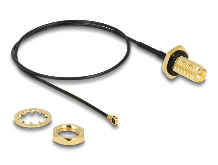 Delock Antennenkabel RP-SMA Buchse zum Einbau zu I-PEX Inc., MHF® I Stecker 1.13 35 cm Gewindelänge 10 mm spritzwassergeschützt