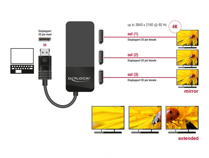 Delock DisplayPort 1.4 Splitter 1 x DisplayPort zu 3 x DisplayPort MST