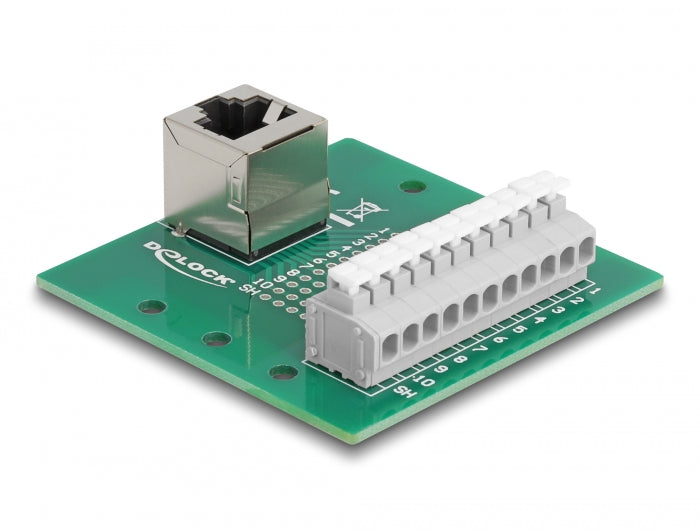 Delock RJ50 Buchse zu Terminalblock mit Drucktaster für Hutschiene gewinkelt