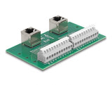 Delock RJ50 2 x Buchse zu 2 x Terminalblock mit Drucktaster für Hutschiene gewinkelt