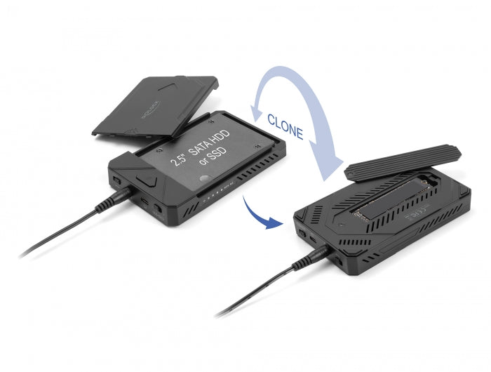 Delock USB Type-C™ Gehäuse für 1 x M.2 NVMe SSD + 1 x 2.5″ SATA SSD / HDD mit Klon Funktion