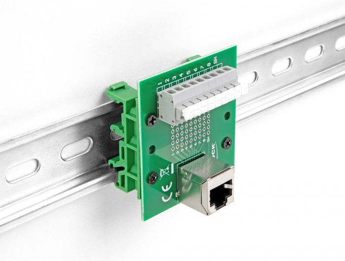 Delock RJ45 Buchse zu Terminalblock mit Drucktaster für Hutschiene gewinkelt