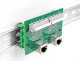 Delock RJ45 2 x Buchse zu 2 x Terminalblock mit Drucktaster für Hutschiene gewinkelt