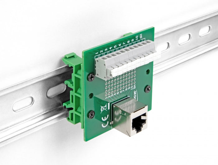 Delock RJ50 Buchse zu Terminalblock mit Drucktaster für Hutschiene gewinkelt