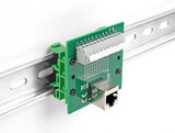 Delock RJ50 Buchse zu Terminalblock mit Drucktaster für Hutschiene gewinkelt
