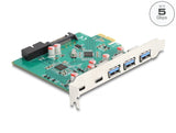 Delock USB 5 Gbps PCI Express x1 Karte zu 3 x extern Typ-A + 2 x extern USB Type-C™ Buchse und 1 x intern 19 Pin USB Pfostenstecker