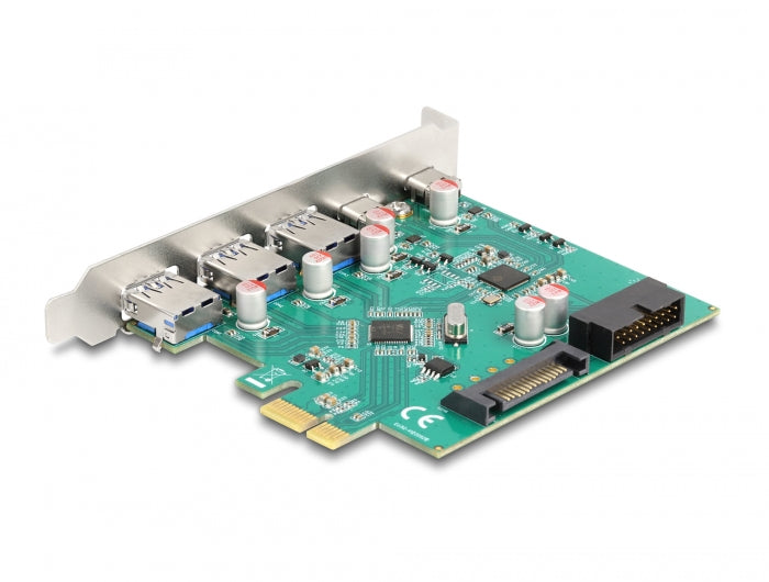Delock USB 5 Gbps PCI Express x1 Karte zu 3 x extern Typ-A + 2 x extern USB Type-C™ Buchse und 1 x intern 19 Pin USB Pfostenstecker