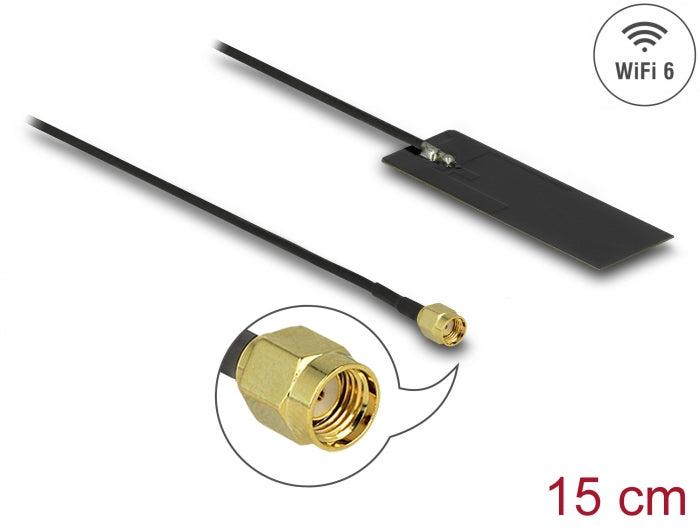 Delock WLAN WiFi 6 802.11 ac/ax/a/h/b/g/n Antenne RP-SMA Stecker 2 - 4 dBi 15 cm PCB intern Klebemontage