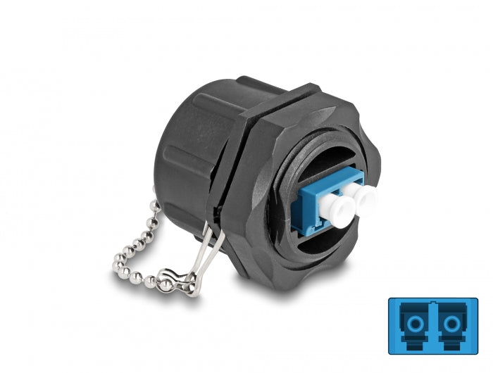 Delock LWL Einbaubuchse LC Duplex zu LC Duplex mit Verschlusskappe Singlemode IP68 staub- und wasserdicht