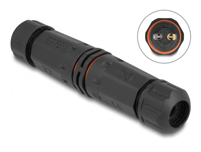 Delock Kabelverbinder für Außenbereich 2 Pin, IP68 wasserdicht, schraubbar, Kabeldurchmesser 4,5 - 7,5 mm schwarz