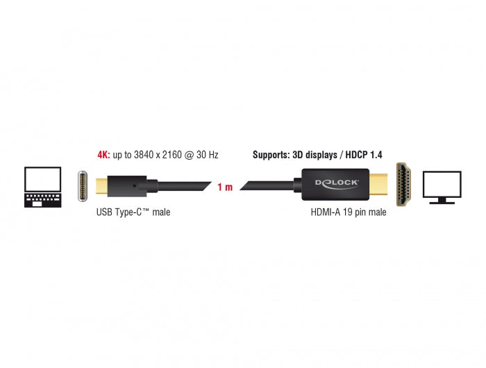 Delock Kabel USB Type-C™ Stecker > HDMI Stecker (DP Alt Mode) 4K 30 Hz 1 m schwarz