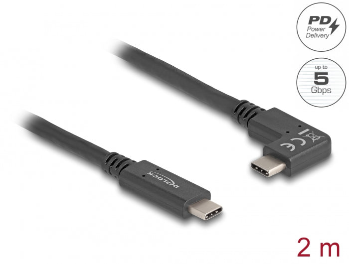 Delock USB 5 Gbps Kabel USB Type-C™ Stecker zu USB Type-C™ Stecker gewinkelt links / rechts 2 m 4K PD 60 W mit E-Marker