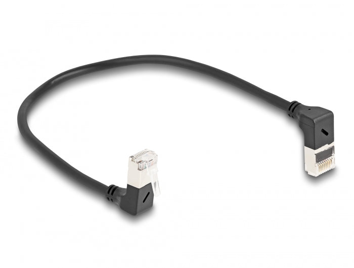 Delock RJ45 Netzwerkkabel Cat.6A S/FTP Slim 90° oben / unten gewinkelt 0,25 m schwarz