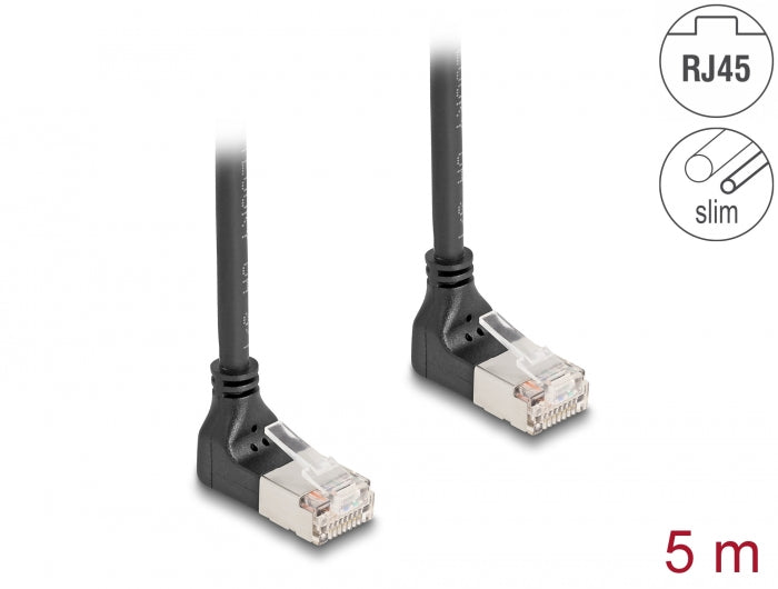 Delock RJ45 Netzwerkkabel Cat.6A S/FTP Slim 90° oben / oben gewinkelt 5 m schwarz