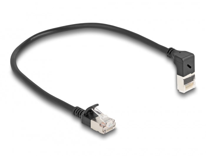 Delock RJ45 Netzwerkkabel Cat.6A S/FTP Slim 90° oben gewinkelt / gerade 0,25 m schwarz