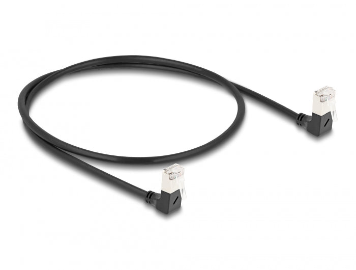 Delock RJ45 Netzwerkkabel Cat.6A S/FTP Slim 90° unten / unten gewinkelt 0,5 m schwarz