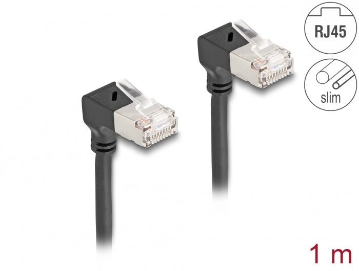 Delock RJ45 Netzwerkkabel Cat.6A S/FTP Slim 90° unten / unten gewinkelt 1 m schwarz
