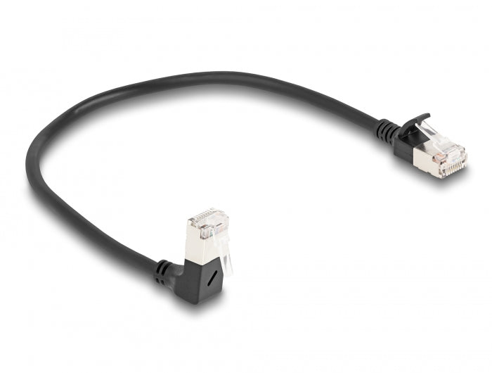 Delock RJ45 Netzwerkkabel Cat.6A S/FTP Slim 90° unten gewinkelt / gerade 0,25 m schwarz
