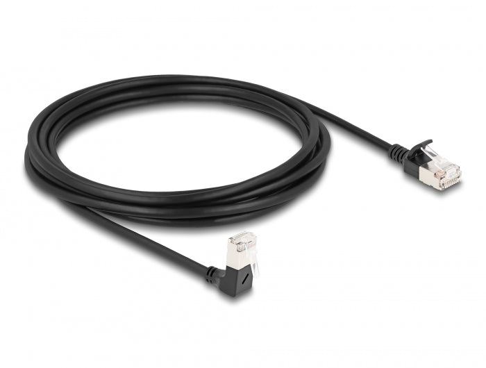 Delock RJ45 Netzwerkkabel Cat.6A S/FTP Slim 90° unten gewinkelt / gerade 3 m schwarz