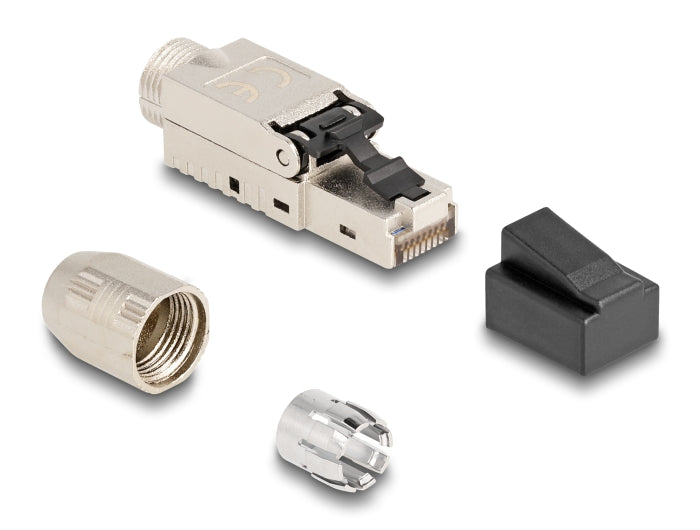 Delock RJ45 Stecker feldkonfektionierbar Cat.6A mit Kabelverschraubung und Staubschutz werkzeugfrei