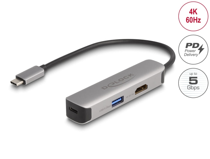 Delock USB Type-C™ Adapter zu HDMI 4K 60 Hz mit USB Typ-A und USB Type-C™ Daten + PD 92 W