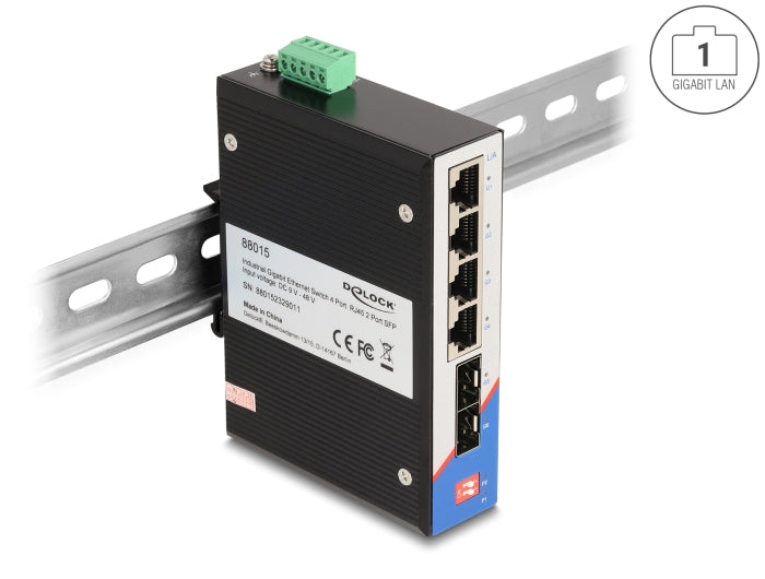 Delock Industrie Gigabit Ethernet Switch 4 Port RJ45 2 Port SFP für Hutschiene