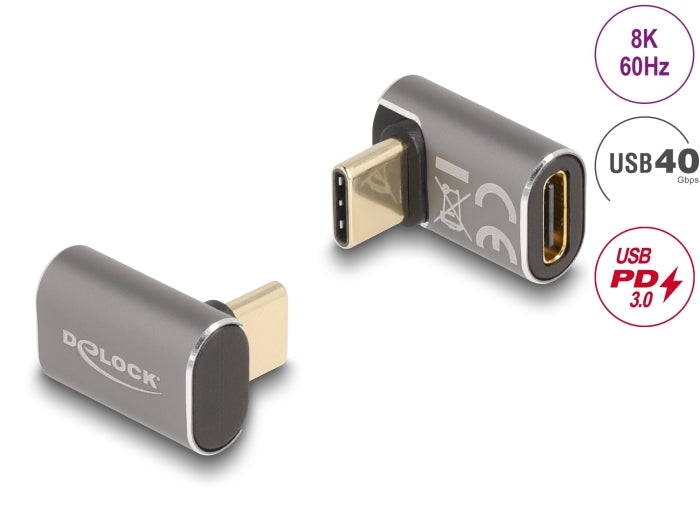 Delock USB Adapter 40 Gbps USB Type-C™ PD 3.0 100 W Stecker zu Buchse gewinkelt 8K 60 Hz Metall