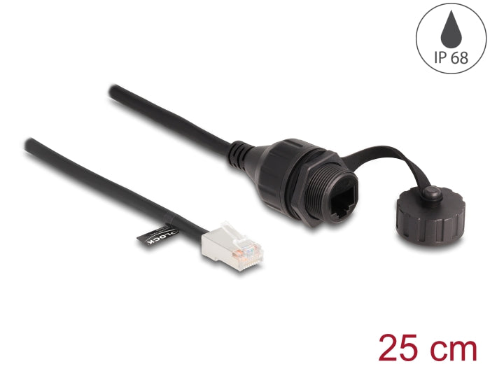 Delock Kabel RJ45 Stecker zu RJ45 Buchse zum Einbau mit Verschlusskappe Cat.5e FTP IP68 staub- und wasserdicht 25 cm schwarz