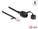 Delock Kabel RJ45 Stecker zu RJ45 Buchse zum Einbau mit Verschlusskappe Cat.5e FTP IP68 staub- und wasserdicht 25 cm schwarz