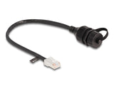 Delock Kabel RJ45 Stecker zu RJ45 Buchse zum Einbau mit Verschlusskappe Cat.5e FTP IP68 staub- und wasserdicht 25 cm schwarz