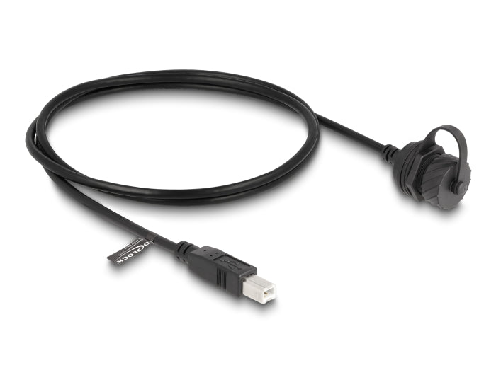 Delock Kabel USB 2.0 Typ-B Stecker zu USB 2.0 Typ-B Buchse zum Einbau mit Bajonett-Verschlusskappe IP68 staub- und wasserdicht 1 m schwarz
