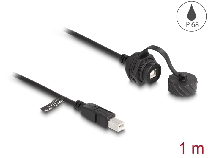 Delock Kabel USB 2.0 Typ-B Stecker zu USB 2.0 Typ-B Buchse zum Einbau mit Bajonett-Verschlusskappe IP68 staub- und wasserdicht 1 m schwarz