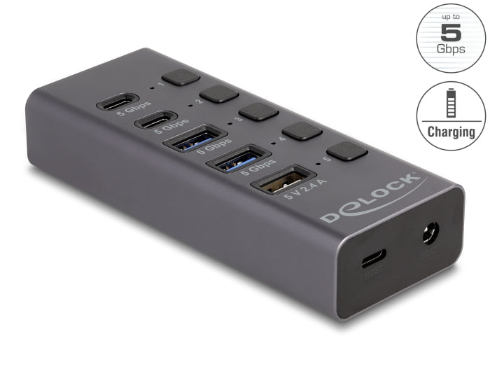 Delock USB 5 Gbps Hub mit 2 x USB Typ-A und 2 x USB Type-C™ Buchse und 1 x Schnellladeport + Schalter