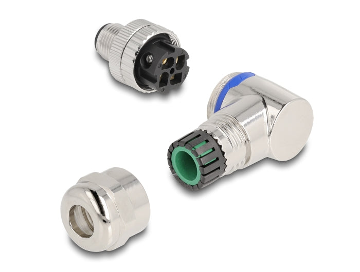 Delock M12 Steckverbinder A-kodiert 4 Pin Stecker zur Montage mit Schraubanschluss 90° gewinkelt Metall