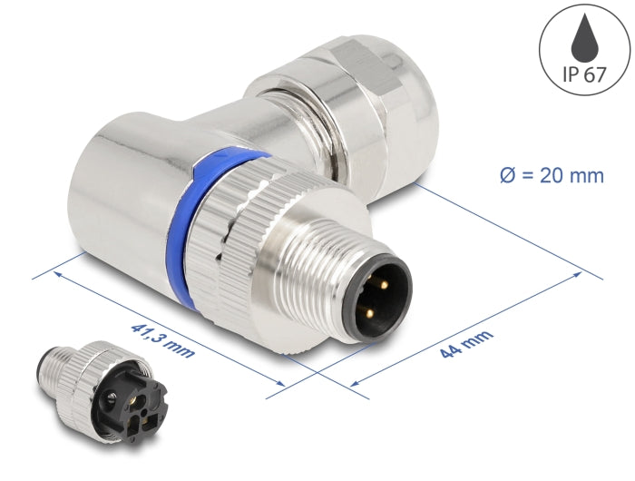 Delock M12 Steckverbinder A-kodiert 3 Pin Stecker zur Montage mit Schraubanschluss 90° gewinkelt Metall